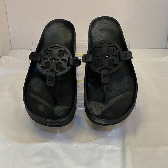 Tory Burch Miller Cloud Leather Logo Thong Sandals Black Slip-On Slides 8 - Picture 9 of 11